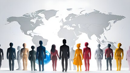 multicultural people standing in front of world map, human puppet characters near earth, world popul