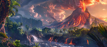 A Fantasy Landscape Of An Erupting Volcano With Lush Greenery And Waterfalls, Under The Setting Sun