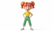 © PixxStudio - Character Cartoon in fashion clothes green pants, Cute kawaii excited smiling colorful red-haired K-pop illustration, yellow t-shirt, blue sneakers stands with hands on hips has fun, joy. 3d render