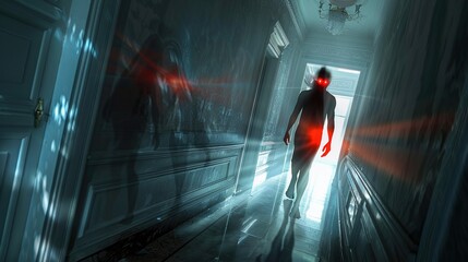 Canvas Print - Shadow person with glowing red eyes walking down hallway, supernatural evil apparition