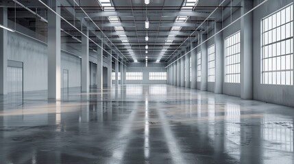 Poster - Spacious and modern empty gray industrial warehouse interior with bright lighting and a clean, polished concrete floor, reflecting a minimalistic design