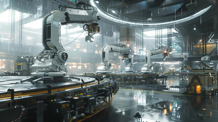 Poster -  a futuristic factory where robots collaborate with humans to manufacture advanced products efficiently. 