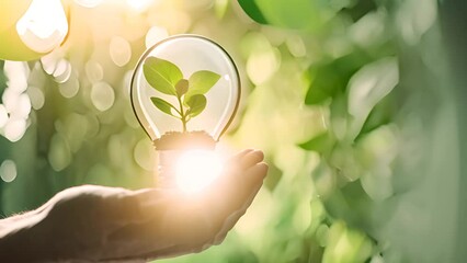 Poster - person holding light bulb with plant inside generative ai