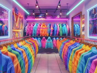 Wall Mural - A neon lit clothing store with a rainbow of colors on display. The store is filled with a variety of colorful jackets and coats