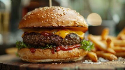 Wall Mural - Close up of hamburger, cheese, lettuce, and fries