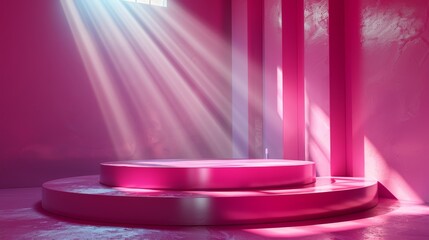 Sticker - Decorative platform with pink glass podium. Modern 3d rendering of a modern podium. Stage showcase on a pedestal for cosmetic products.