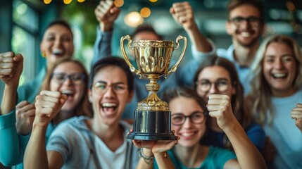 The concept of success work achievement or team victory, the concept of champion role, career success or champion recognition, celebrating success with colleagues, the concept of winning trophy or