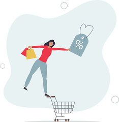 Wall Mural - woman customer with shopping bags hold discount price tag.flat vector illustration.