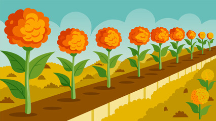 Wall Mural - A row of marigolds planted alongside a vegetable garden to repel harmful insects with their natural scent.