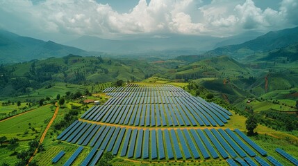 Wall Mural - Empowering Remote Areas: Panoramic Aerial View of Solar-Powered Landscape