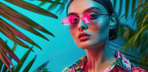 Wall Mural - A beautiful woman wearing sunglasses and a floral shirt stands in front of palm leaves, with vibrant colors and a blue background. She has her face partially covered by the sun glasses