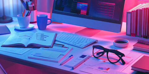 Wall Mural - Close-up of a branding strategist's desk with brand identity guidelines and market research reports, symbolizing a job in branding strategy