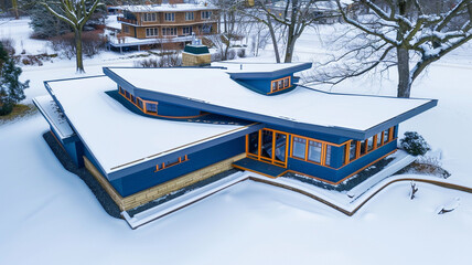 Wall Mural - Aerial view of a striking cobalt blue craftsman cottage featuring an elongated S-shaped roof, against the contrast of a stark white winter landscape, 