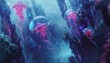 Explore the depths of a silicon ocean where electric jellyfish dance amidst sunken monuments of circuits and steel Paint a futuristic underwater world where robotic seahorses glide