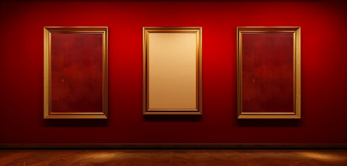 An avant-garde art gallery displaying three vertical gold frames on a deep red wall, offering a luxurious and dramatic backdrop for art exhibitions