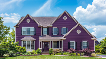 Wall Mural - An elegant eggplant purple house with siding and shutters makes a sophisticated statement in the suburban landscape, its deep hue contrasting beautifully with the azure sky above on a sunny day.