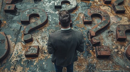 Wall Mural - Decision-making, career paths, work direction, or choosing the right path to success, confusing businessmen looking at multiple road signs with question marks.