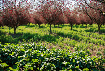 Wall Mural - Diverse food forest with fruit trees, berry bushes, and vegetable patches in vibrant colors.. AI generated.