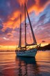 A sailboat is anchored in the calm water at sunset in the Caribbean with a beautiful orange sky and clouds in the background