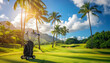 A golf bag and clubs standing on a beautiful tropical golf course on a sunny day 
