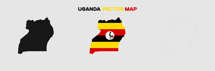 Wall Mural - Uganda Map Vector Pack. Map with Flag. Gray Map Silhouette. Gray Outline Map. Editable EPS file. 