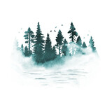 Fototapeta Dinusie - Watercolor foggy coniferous forest with river and birds in blue colors. Vector silhouette of trees. Nature hand drawn illustration with splashes