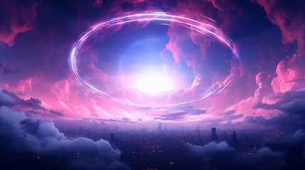 Poster - Glowing energy circle above cityscape at dusk illustration. Futuristic abstract fantasy wallpaper scene artwork. Surreal pink sky, neon cloudscape background image digital art concept