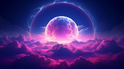 Poster - Gigantic round cloud illuminated by ethereal ring illustration. Futuristic abstract fantasy wallpaper scene artwork. Surrealistic cloudscape background image digital art concept