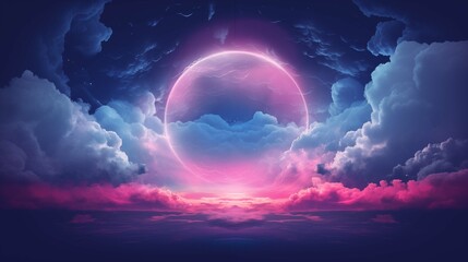 Poster - Majestic energy portal opening in nocturnal sky illustration. Cosmic glow. Futuristic abstract fantasy wallpaper scene artwork. Surrealistic clouds background image digital art concept