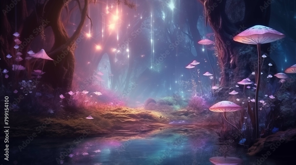 Enchanted forest with mushrooms and waterway illustration. Woods canopy ...