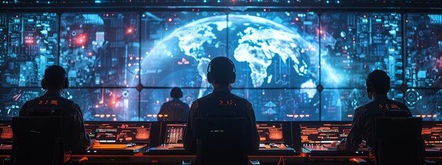 Poster - Advanced Cybersecurity Command Center with Operators Monitoring Global Digital Threats on Massive Interactive Holographic Display