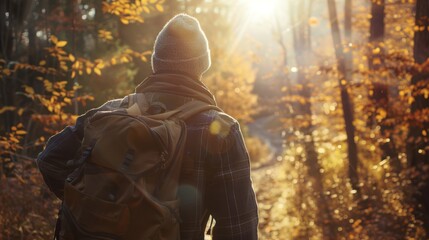 Wall Mural - A Hiker Walking Through Autumn Forest