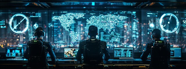 Poster - Advanced Cybersecurity Command Center with Operators Monitoring Global Digital Threats on Massive Interactive Holographic Display