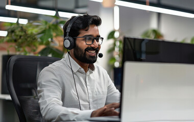 Wall Mural - Happy call center agent wearing headset talking to client working in customer support office. Professional contract service telemarketing operator using laptop having conversation.