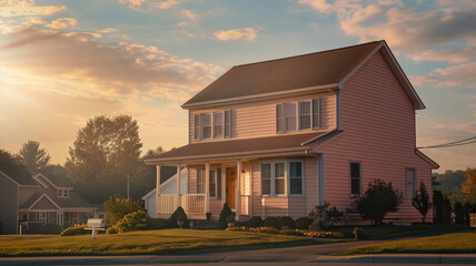 Wall Mural - A dreamy dusty rose-colored house with siding and shutters exudes a romantic charm against the backdrop of the suburban scenery, bathed in the golden light of the sun.