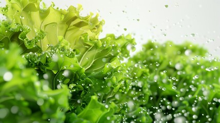 Wall Mural - Levitation of fresh lush green lettuce leaves with water droplets, on white background,