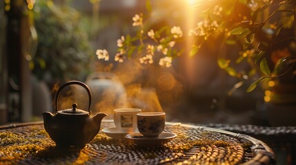 Wall Mural - The soft glow of sunrise illuminating a morning tea ritual