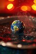 Closeup view of a miniature Earth globe in a bubbling pot of water, depicting the concept of rising global temperatures, , moody lighting