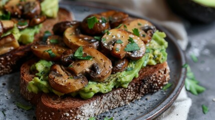 Poster - Plate with sandwich featuring mushrooms and avocado