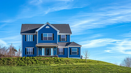 Wall Mural - From a distant hill, the serene sky blue home with traditional windows and shutters blends seamlessly into the suburban landscape, offering a picturesque scene under the clear blue sky.