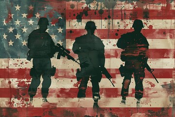 Wall Mural - USA soldier silhouettes, flag, graphic design