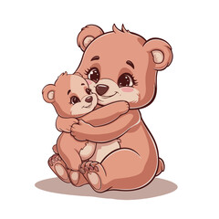 Cute bear hugs mother bear . Mother's love for the child. Kind children's illustration for mother's day.   kawaii chibi  Cartoon Animal Illustration Isolated Vector Illustration (EPS 10)
