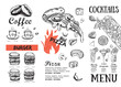 Menu, Restaurant, Cafe, template design. Hand drawn illustrations, Food flyer.