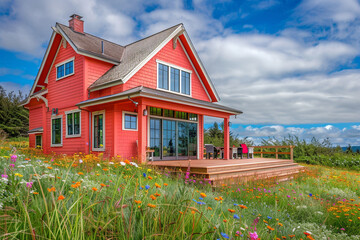 Wall Mural - Rear angle view of a bright coral craftsman cottage with a fifteen-pitched roof, showcasing an expansive deck overlooking a wildflower meadow, creating a perfect blend of home and nature.