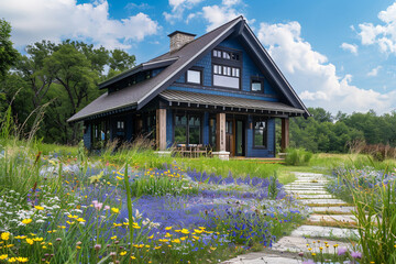 Wall Mural - The angled front perspective of a steel blue craftsman cottage, boasting a single large pitched roof, surrounded by a wildflower meadow and a natural stone path, embodying rustic charm.