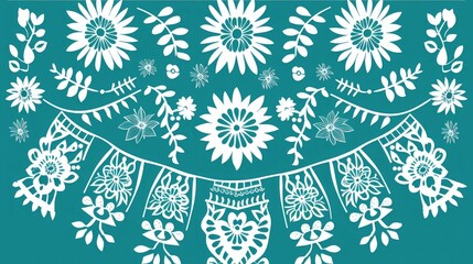 Wall Mural - Papel Picado vector template design in turquoise, Mexican paper decoration with flowers and geometric shapes Cinco de Mayo