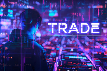 Silhouette of a Trader in Front of Futuristic Trade Graphics with the word 