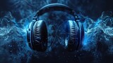 Fototapeta Uliczki - The image shows a pair of headphones with blue glowing sound waves.