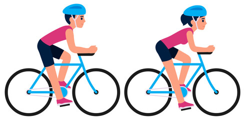 Wall Mural - Man and woman riding racing bicycles, flat vector illustration. Male and female sports cyclists, simple cartoon style.