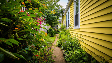 Wall Mural - Wide-angle lens view from the garden path of a zesty zest yellow house with siding, leading through vibrant suburban greenery to the homea??s heart.